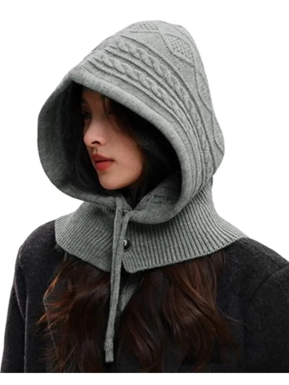 Knit Balaclava Skull Cap Winter Neck Gaiter Adjustable Drawstring Hooded Scarf